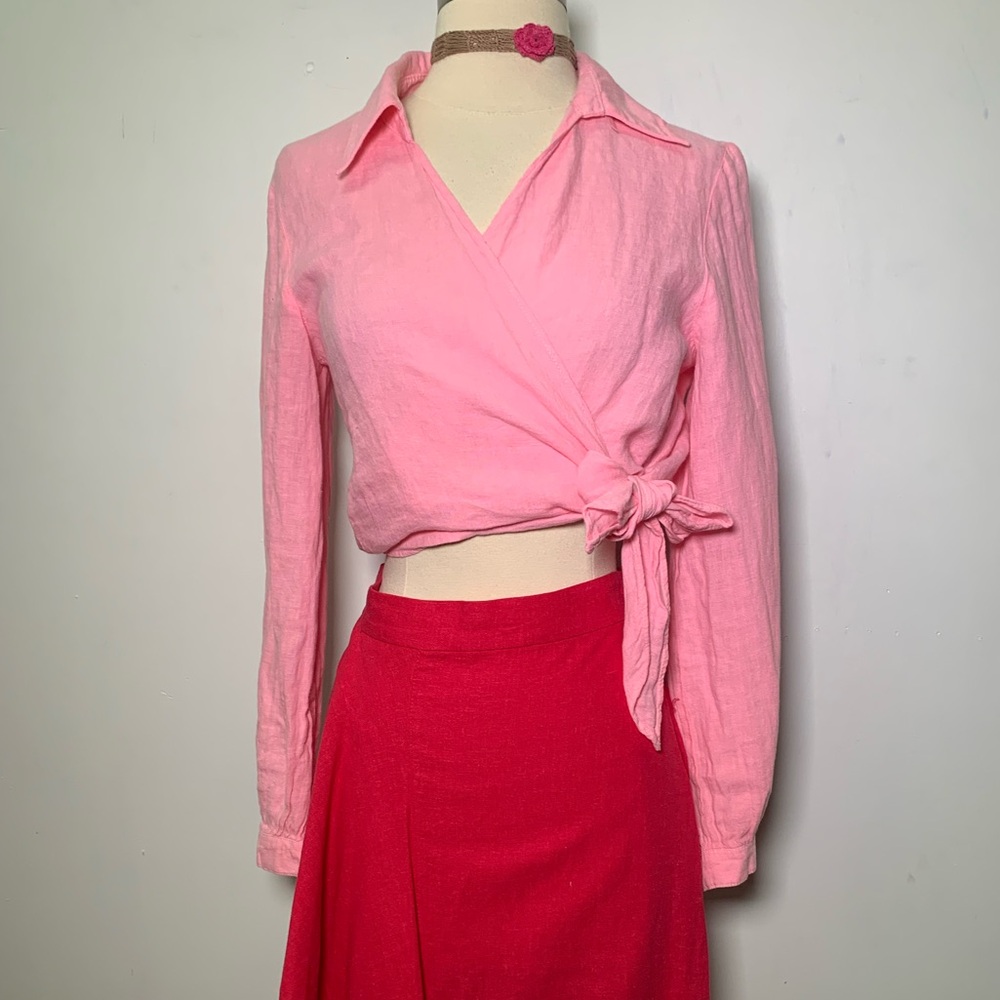 ZARA NWT 100% Linen  barbie pink wrap blouse size S ref 2624/500 summer beach